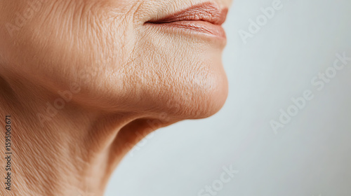 Close-up showcasing skin texture, wrinkles, and folds on the neck and around the mouth. Emphasis on natural aging and skin conditions.