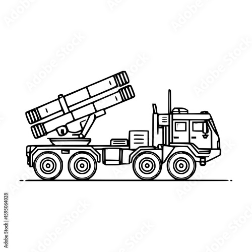 Military rocket launcher truck illustration in black and white style with copy space