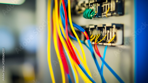 A vibrant network of red, blue, and yellow electrical cables emerges from a circuit board. Modern electrical connectivity and data management in focus.