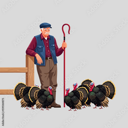 Elderly Farmer with Turkeys Near Rustic Wooden Fence