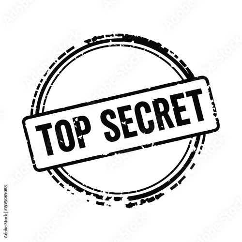 Distressed circular stamp with black banner reading TOP SECRET conveying confidentiality and restricted access for important information vector illustration