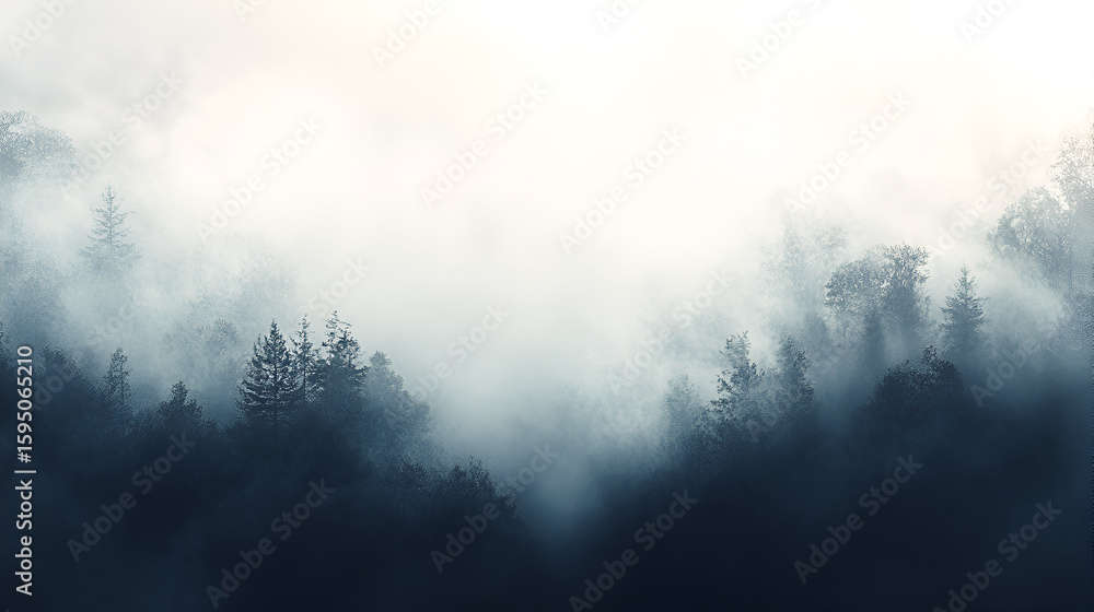 Fototapeta premium Misty forest landscape with evergreen trees shrouded in dense fog, creating a serene and ethereal atmosphere.