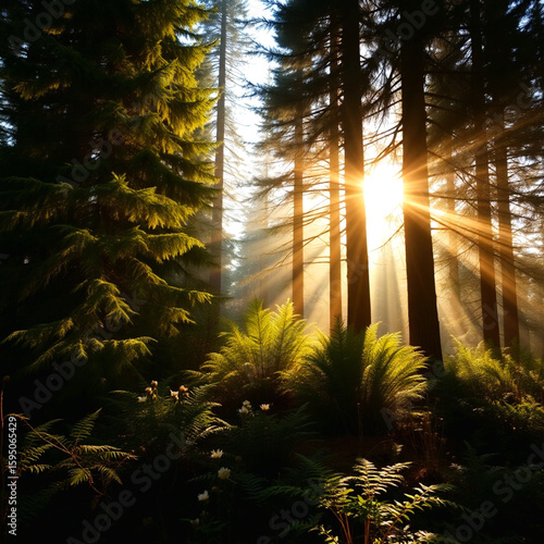 Warm golden sunlight filters softly through dense forest creating calm mood  
