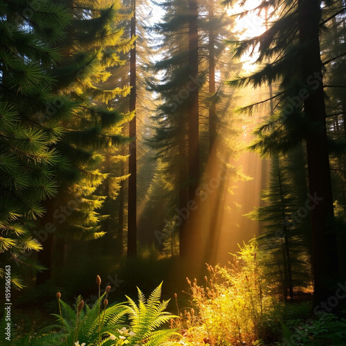 Golden sunlight warmly filters through dense trees in vibrant natural scene  