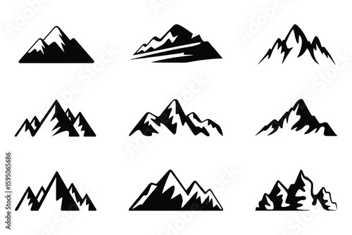 Set of Nine Black and White Mountain Silhouettes Vector Illustration ? Minimalist Nature Icons for Travel and Adventure Design Projects