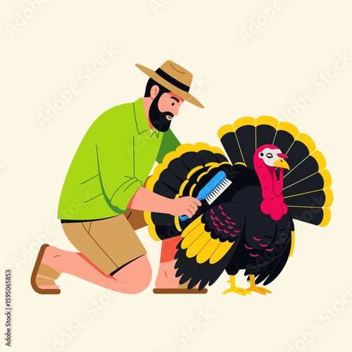 Bearded Man Brushing Dark Turkey with Yellow Feathers on Farm