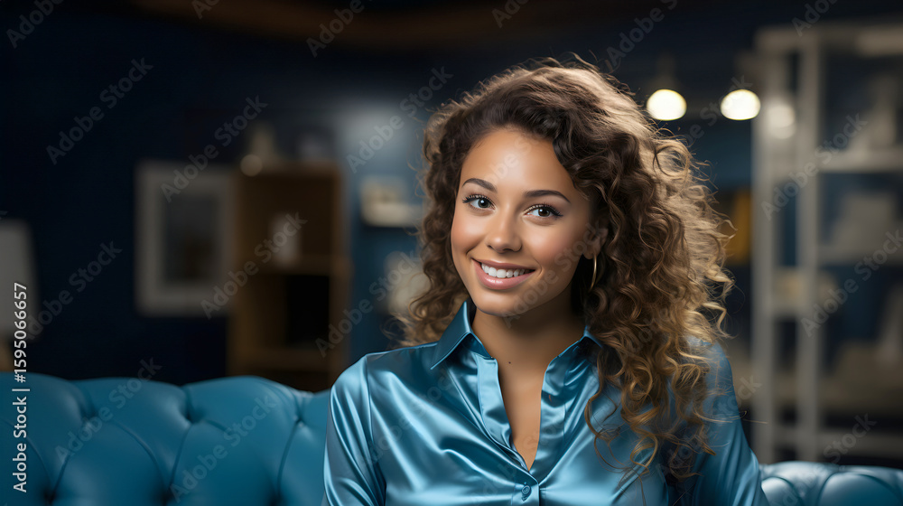 Obraz premium Woman with curly hair smiles warmly in a bright cafe setting with blue decor and cozy seating