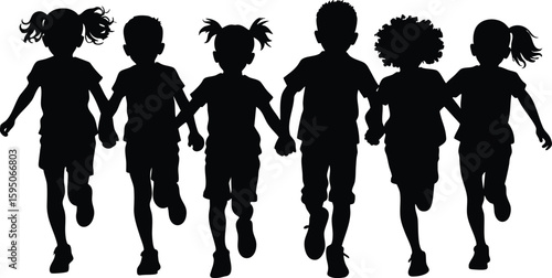 Vector silhouette of a group of kids running hand in hand, front view