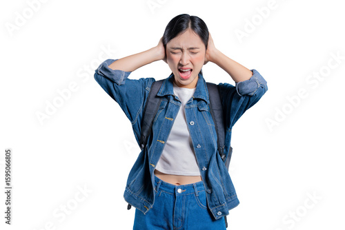 A young Asian student covers her ears and shouts, annoyed by a loud noise or trying to ignore something unpleasant on png 