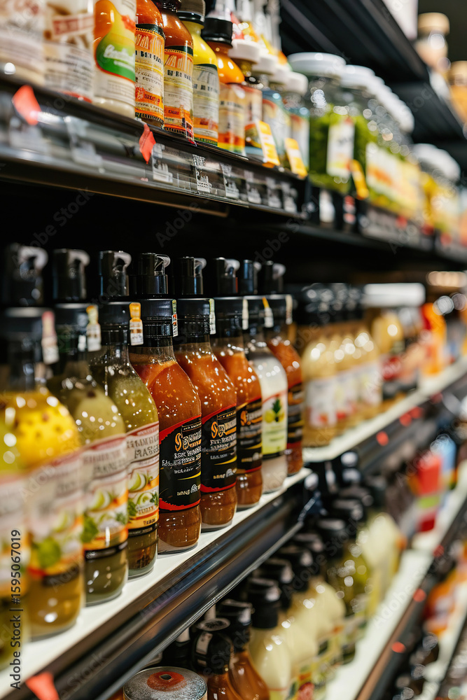 Fototapeta premium Variety of Salad Dressings on Grocery Store Shelves for Healthy Eating