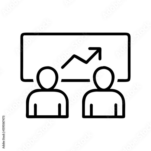 Two people with chart outline icon for business meeting and presentation, showing 'dos personas con gráfico'. Dos personas con gráfico, represented by simple figures and an upward trending graph.