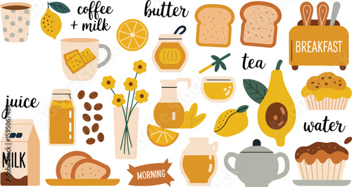 Delicious Breakfast Food and Drink Icons Collection - Coffee, Tea, Milk, Juice, Toast, Butter, Honey, Avocado, Muffins, Lemon, Morning, Healthy Eating, Flat Lay, Vector Illustration, Sweet, Savory