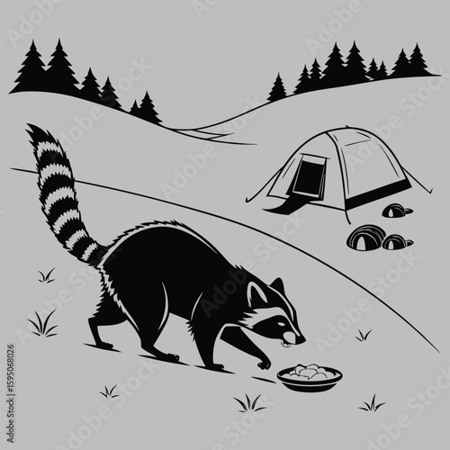 Raccoon stealing food from campsite at night silhouette vector design art and illustration