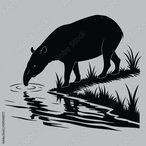 Tapir drinking from river silhouette vector design art and illustration