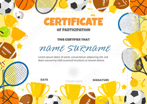 Kids sports participation certificate template with colorful border, trophies and playful design in landscape A4

