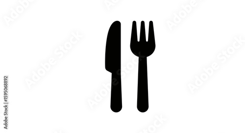 A simple black and white illustration of a knife and fork side by side