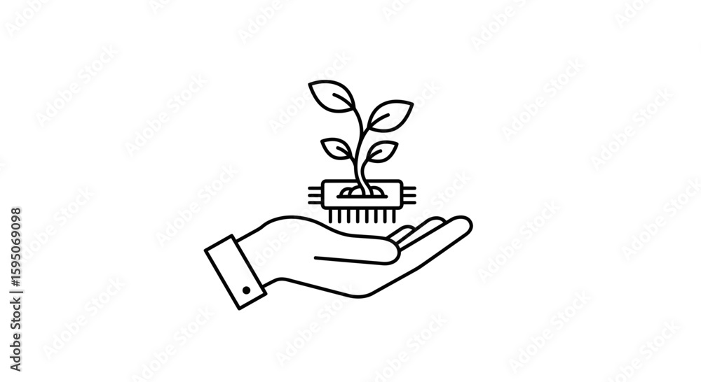 Obraz premium Hand holding a plant growing from a computer chip line art illustration