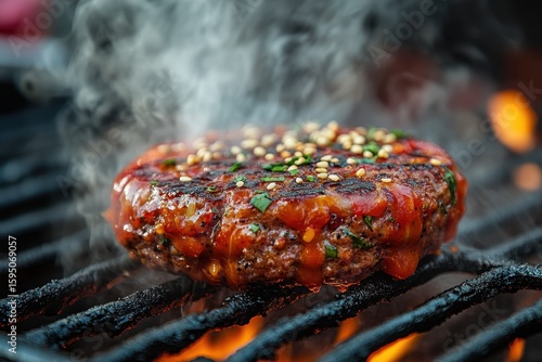 Sizzling Juicy Burger Cooking on Barbecue Grill with Smoke
