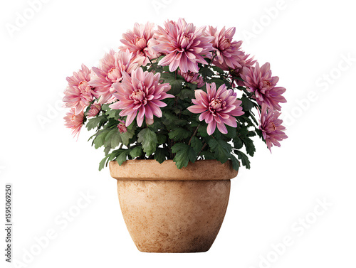 Wallpaper Mural Pink Chrysanthemum Flowering in Simple Clay Pot, Front View, Isolated on Transparent Background PNG Torontodigital.ca