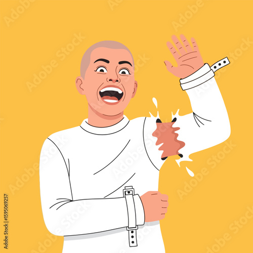 Laughing Woman Breaking Free From White Restraints on Yellow Background