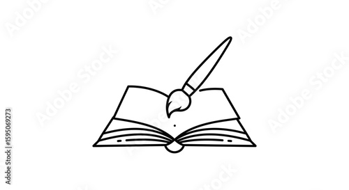 Open book with pages and a paintbrush resting on top in black outline