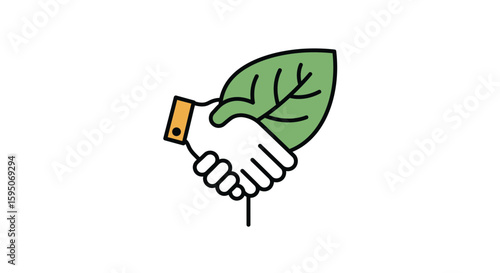 Illustration of hand shaking a leaf representing green partnership deal