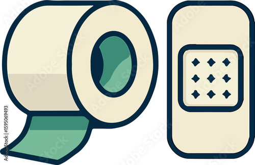 First Aid Essentials: A close-up shot of essential medical supplies, showcasing a roll of adhesive tape alongside an individual bandage, vital components for minor injuries.