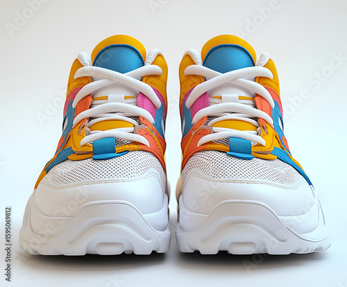 A front-facing view of a pair of colorful, modern sneakers with white mesh and laces, accented with yellow, orange, blue, and pink details.