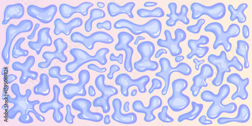 Blue glossy water liquid shapes, droplets background with psychedelic fluid blobs. Bundle of monochrome y2k bubbles with light 3D effect. Set of intense amorphous blots 