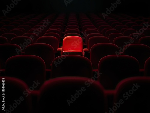 A single red seat in a dark theater