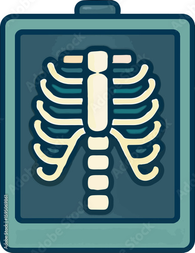 X-ray Examination: A medical illustration of an X-ray image displaying the skeletal structure of a human chest