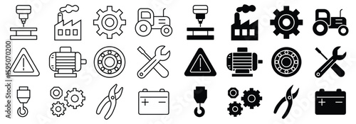 Industrial Icons Set Including Tools, Machines, and Safety Symbols