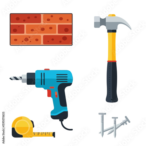 Construction tools including a brick, hammer, drill, measuring tape, and nails.