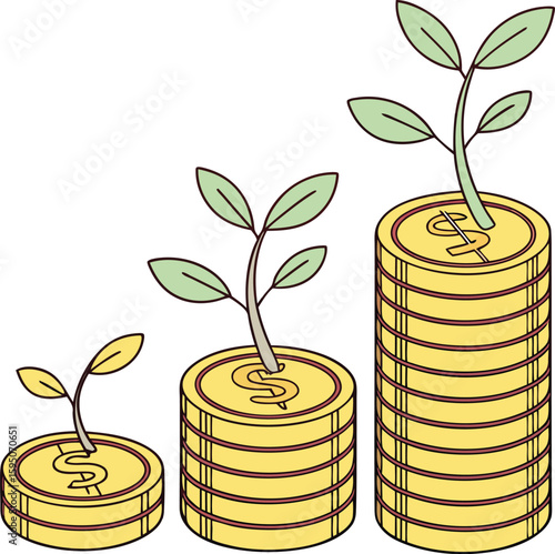 Financial growth illustrated by seedlings sprouting from stacks of coins
