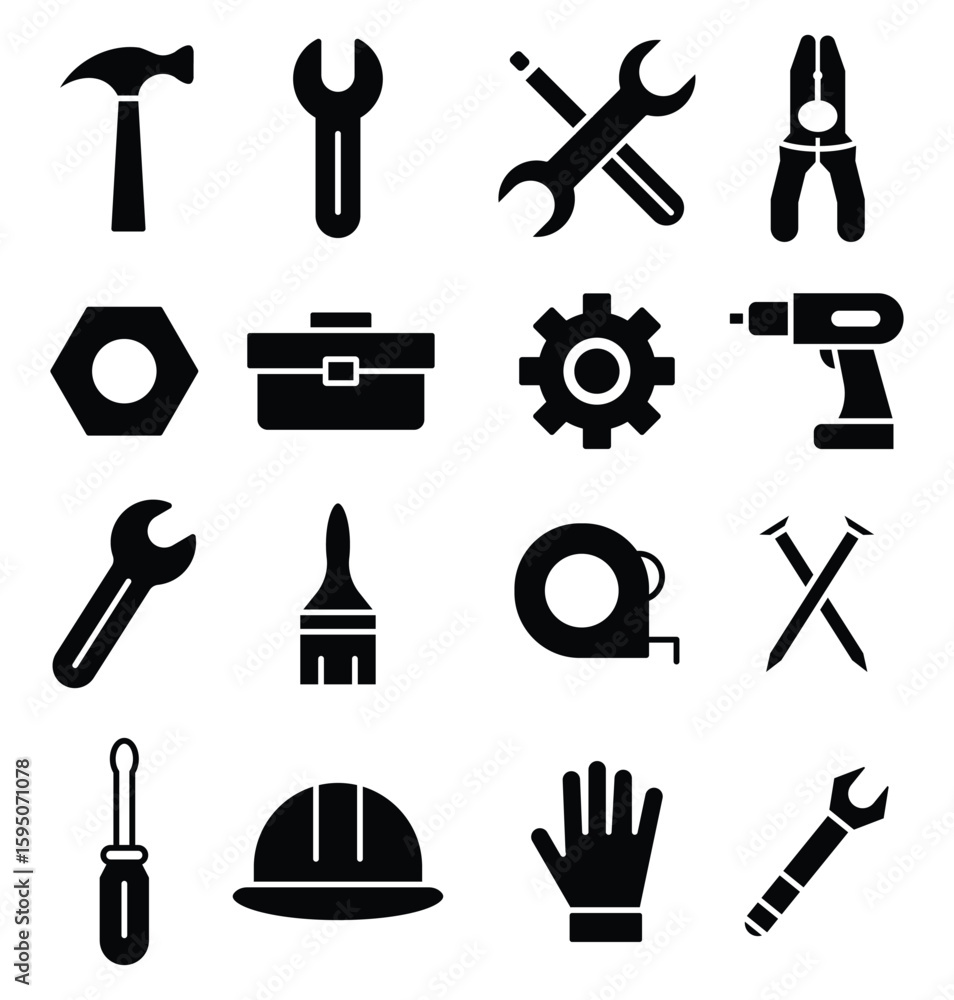 Obraz premium Black Silhouette Icons of Tools and Hardware for Construction and Repair