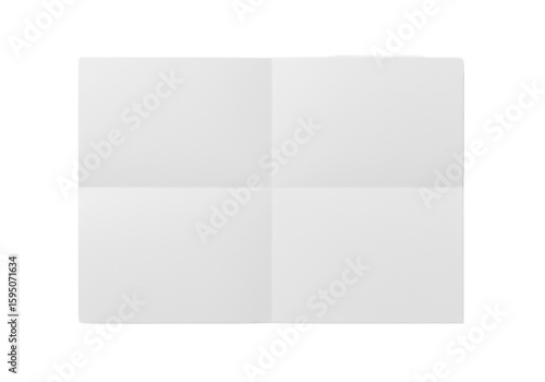 A single, pristine bright white sheet of paper, meticulously folded twice into four equal rectangular sections with clear crease lines, on a transparent background with abundant copy space under