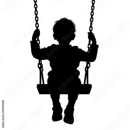 Silhouette of a boy sitting on swing, black and white illustration, childhood play and freedom concept