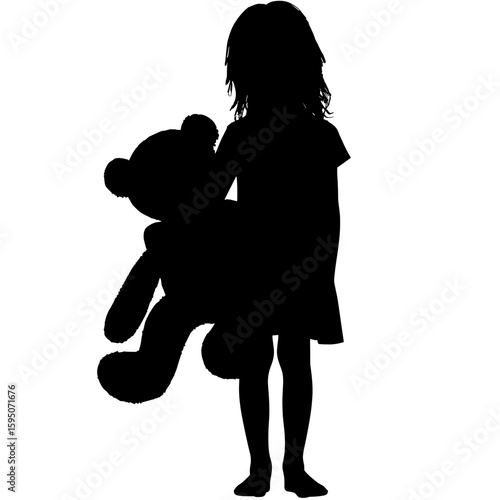 Silhouette of a girl holding teddy bear, black and white illustration, childhood comfort concept