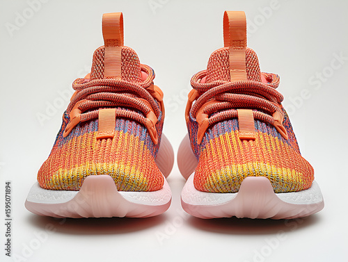 Frontal view of a pair of peach and orange colored athletic shoes with white soles and matching laces.