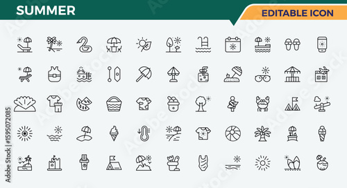 Summer modern line icon set. Includes symbols for recreation, travel, tour, leisure, vacation, beach and more. Minimalist icons collection. Editable vector illustration. Travel line icon set.