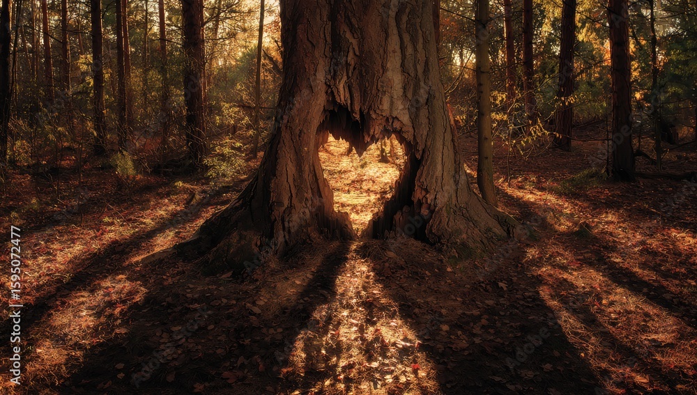 Fototapeta premium Heart-shaped hollow in a tree trunk in a forest