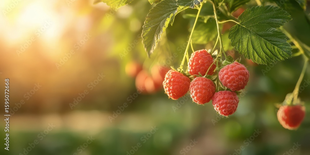 Ripe Red Raspberries On Vine In Sunlit Garden. Fresh Harvest And Organic Farming Ripe Red Raspberries On Vine In Sunlit Garden. Fresh Harvest And Organic Farming