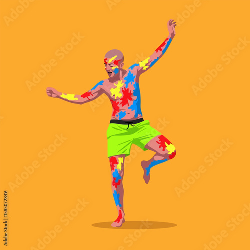 Man Dancing Covered in Colorful Paint on Orange Background
