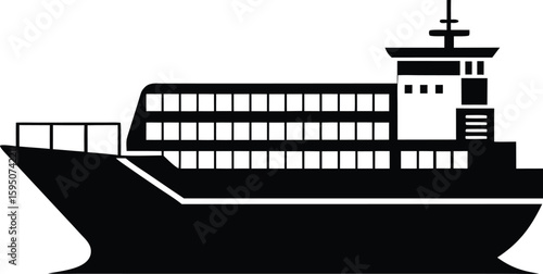 Container ship silhouette, cargo vessel icon, freight transport vector, maritime shipping graphic