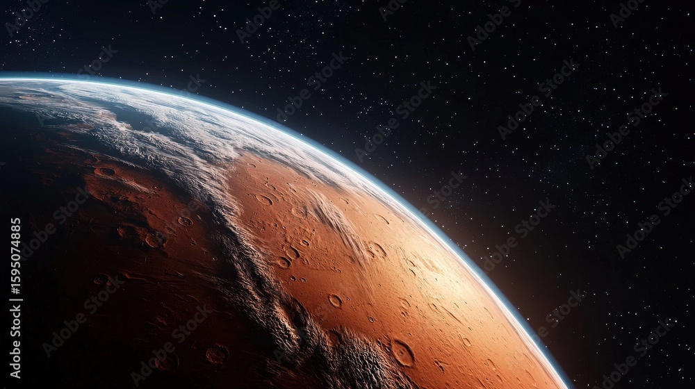 Fototapeta premium Earth viewed from Mars' surface, with the red planet's rocky landscape framing the scene