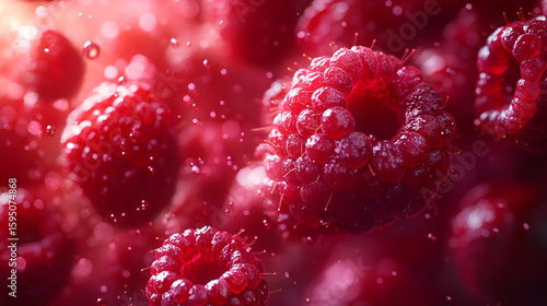 Close-up of fresh, ripe raspberries floating in water with bubbles, illuminated by a vibrant red light, showcasing their texture and color.
