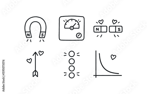 attraction bar magnet, attraction coulomb counter, attraction dipole pair, attraction force vector, attraction particle alignment, attraction curve plot