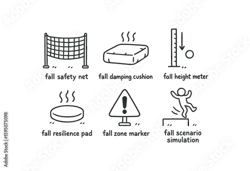 fall safety net, fall damping cushion, fall height meter, fall resilience pad, fall zone marker, fall scenario simulation