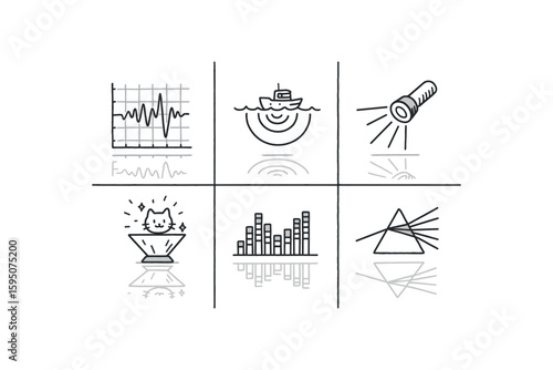 reflection echo pattern, reflection seismograph trace, reflection sonar pulse, reflection light path, reflection hologram image, reflection spectral analysis