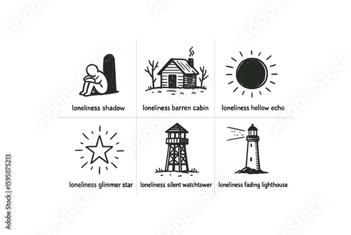 loneliness shadow silhouette, loneliness barren cabin, loneliness hollow echo, loneliness glimmer star, loneliness silent watchtower, loneliness fading lighthouse